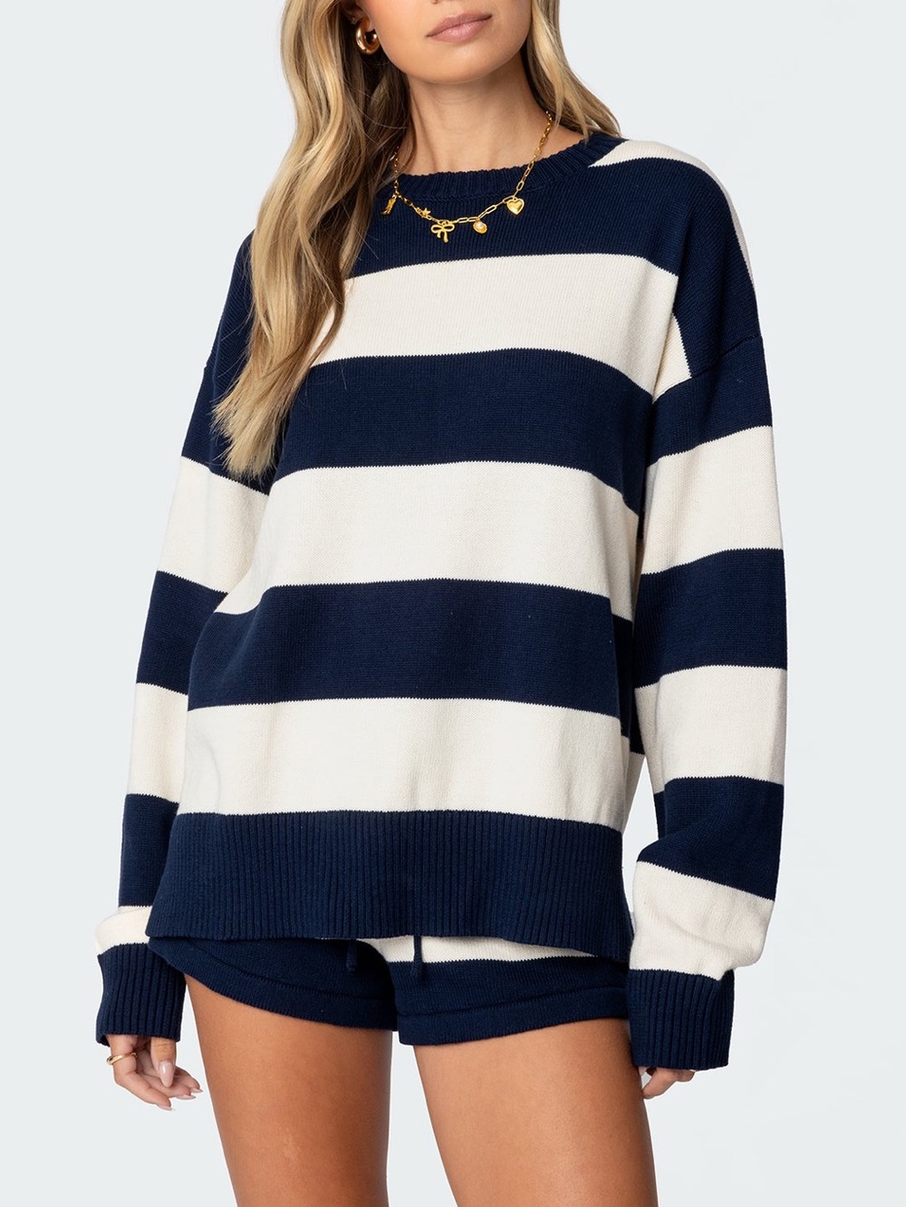 Edikted Riley Oversized Striped Sweater in the navy and cream colorway